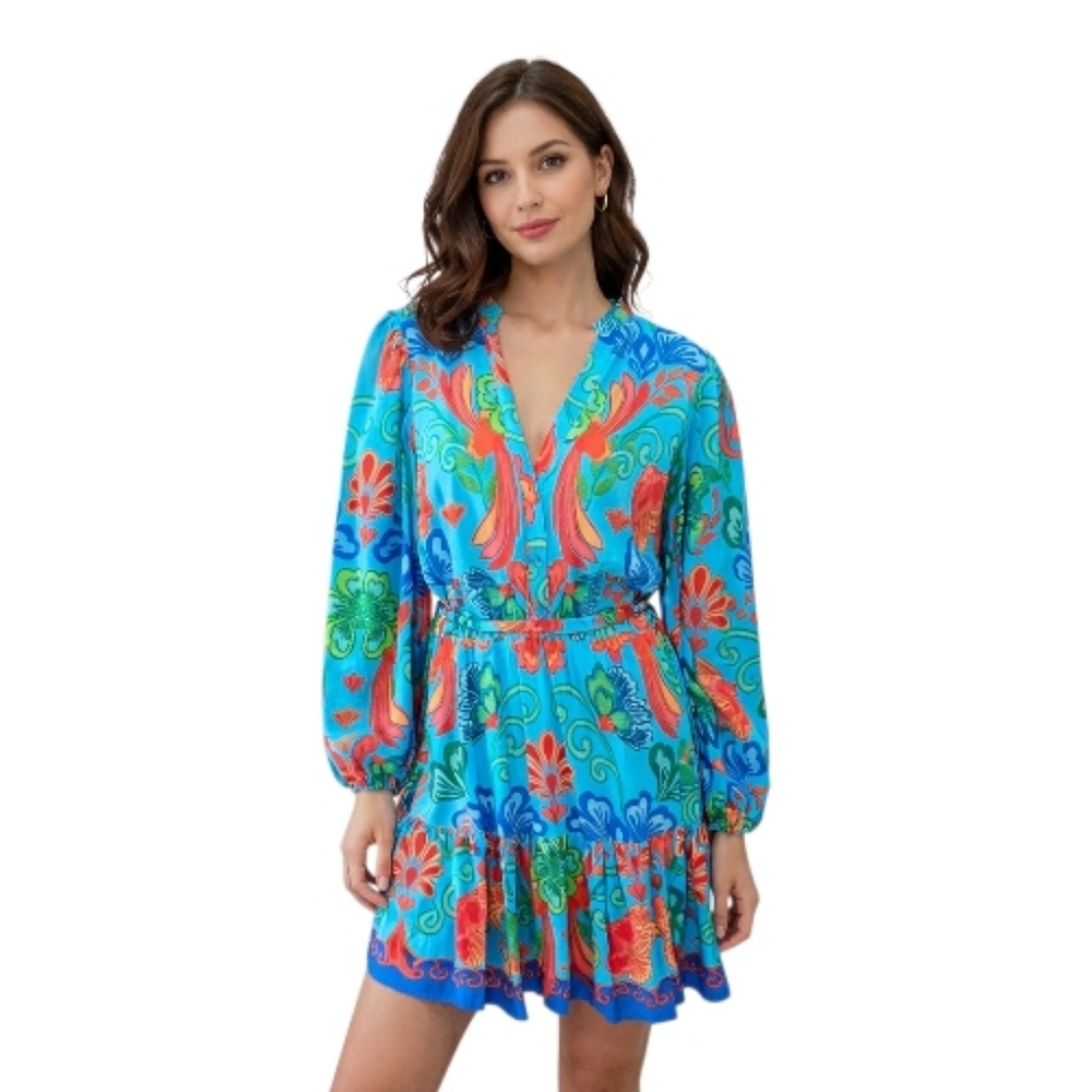 Adrianna Papell Turquoise Multicolor Long Sleeve Printed Dress Size 12